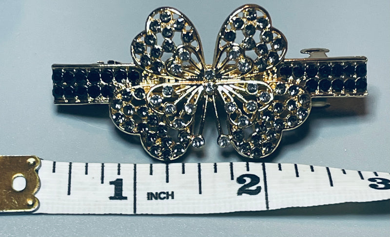 Butterfly hair barrette 3.0” inch gold toned with blackish & gray rhinestones hair accessory 