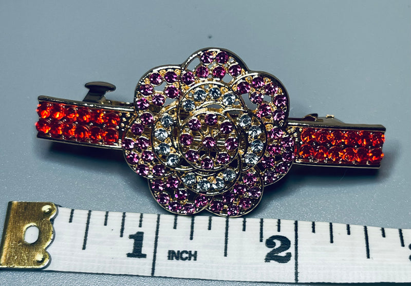 Flower hair barrette 3.0” inch gold toned with red & pink rhinestones hair accessory