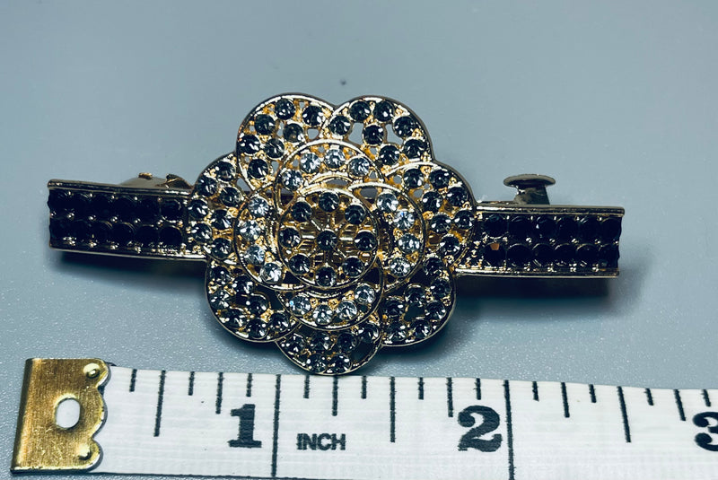 Flower hair barrette 3.0” inch gold toned with clear rhinestones hair accessory
