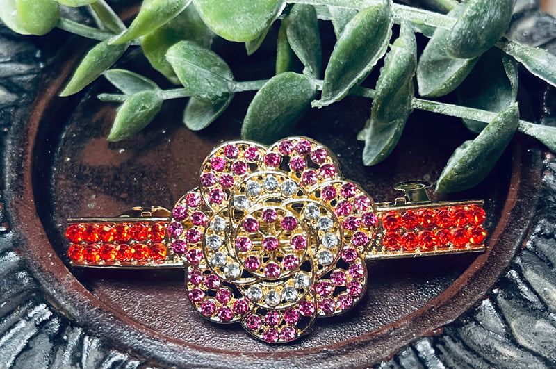 Flower hair barrette 3.0” inch gold toned with red & pink rhinestones hair accessory