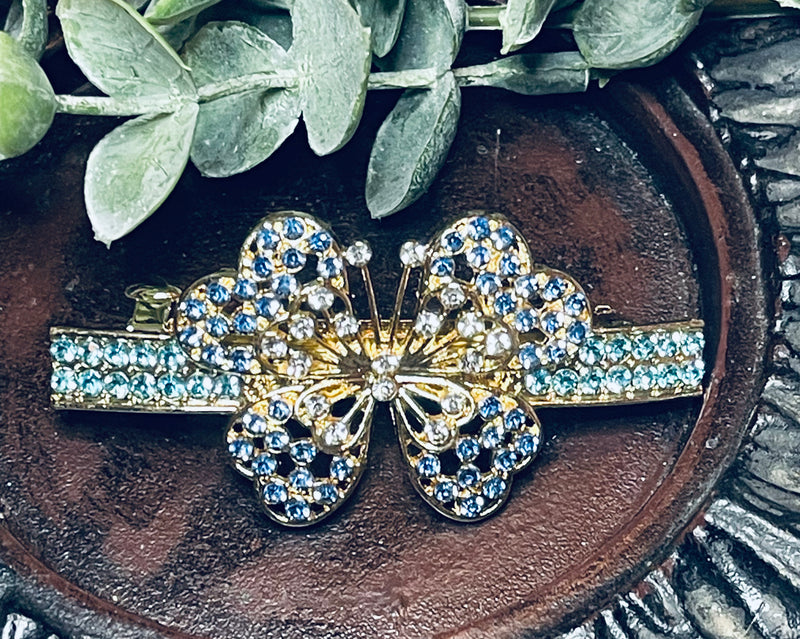 Butterfly hair barrette 3.0’’ inch gold toned with teal blue & white rhinestones hair accessory