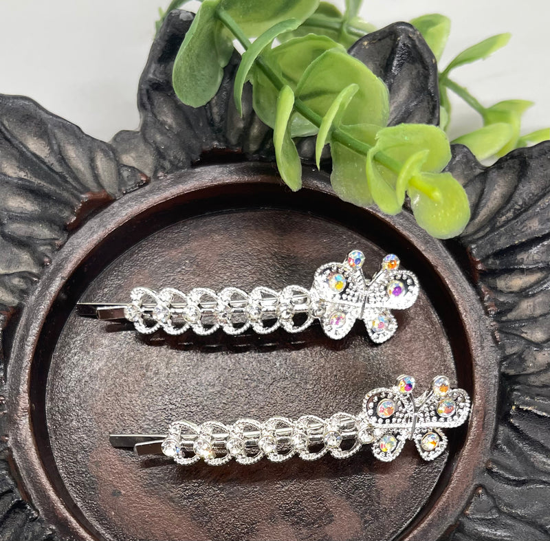 2 pc Butterfly iridescent Crystal rhinestone silver tone hair pins 2 pc set bridal Wedding shower prom sweet 16 birthday hair accessories