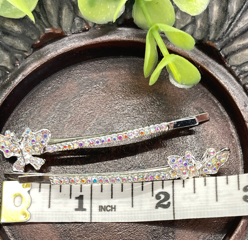 Iridescent Crystal rhinestone butterfly silver tone hair pins 2 pc set bridal Wedding shower prom sweet 16 birthday hair accessories