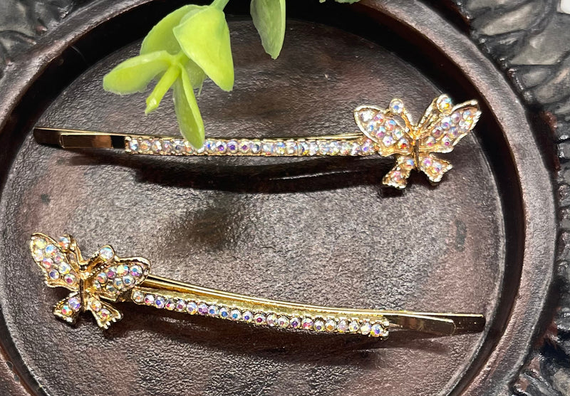 Iridescent Crystal rhinestone butterfly silver tone hair pins 2 pc set bridal Wedding shower prom sweet 16 birthday hair accessories