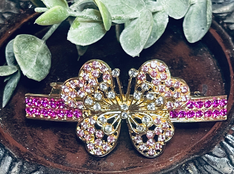  Butterfly hair barrette 3.0’’inch gold toned with hot pink & clear rhinestones hair accessory 