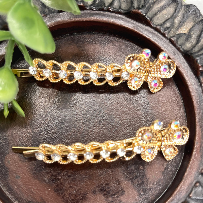 2 pc Butterfly iridescent Crystal rhinestone gold tone hair pins 2 pc set bridal Wedding shower prom sweet 16 birthday hair accessories