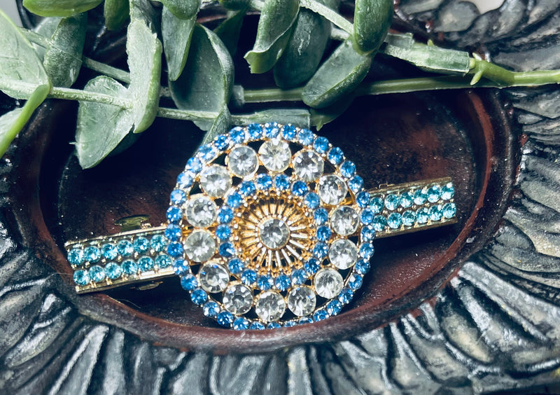 Round flower hair barrette 3.0” inch gold toned with blue & teal rhinestones hair accessory
