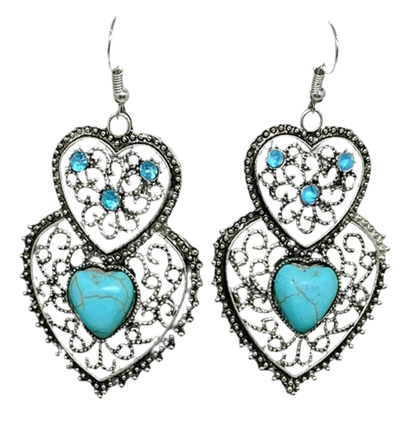 Antique vintage Turquoise hearts silver necklace earrings set