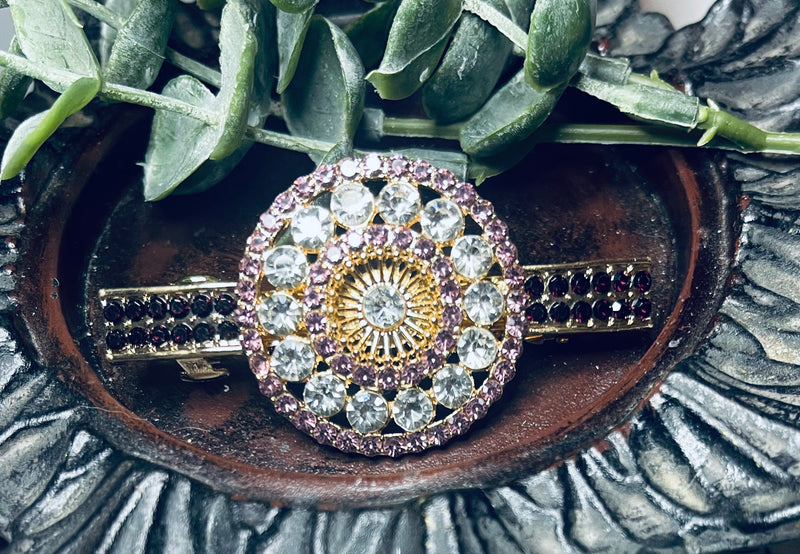 Round flower hair barrette 3.0” inch gold toned with purple & pink rhinestones hair accessory