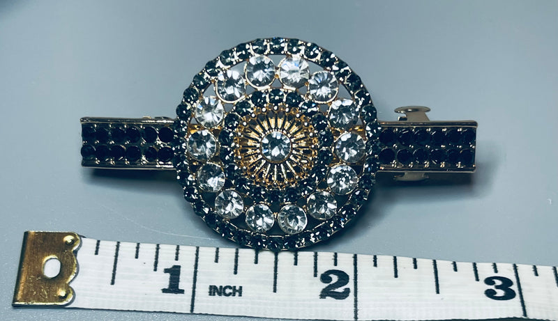 Round flower hair barrette 3.0” inch gold toned with black & gray  rhinestones hair accessory
