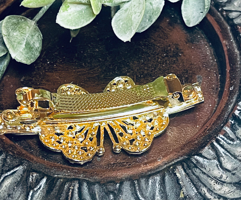 Butterfly hair barrette 3.0” inch gold toned with blackish & gray rhinestones hair accessory 