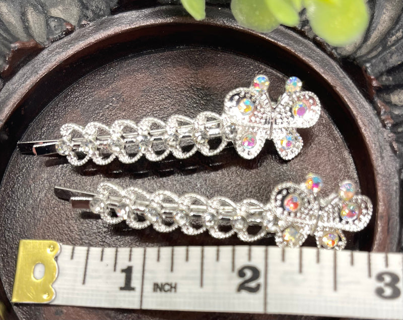 2 pc Butterfly iridescent Crystal rhinestone silver tone hair pins 2 pc set bridal Wedding shower prom sweet 16 birthday hair accessories