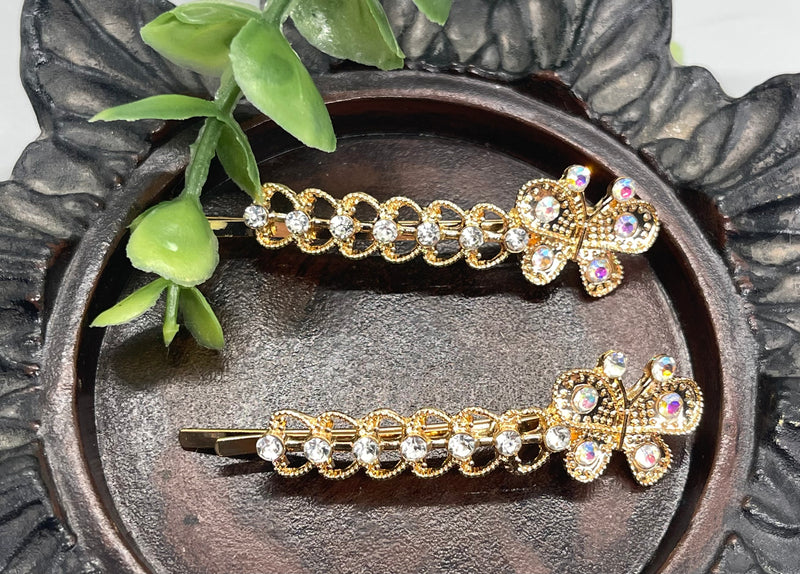 2 pc Butterfly iridescent Crystal rhinestone gold tone hair pins 2 pc set bridal Wedding shower prom sweet 16 birthday hair accessories