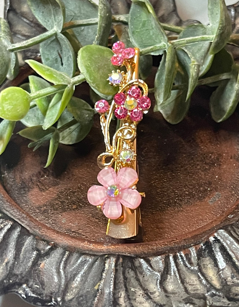 Flower alligator salon clip 2.5’’ gold toned with pink crystal rhinestones hair accessory