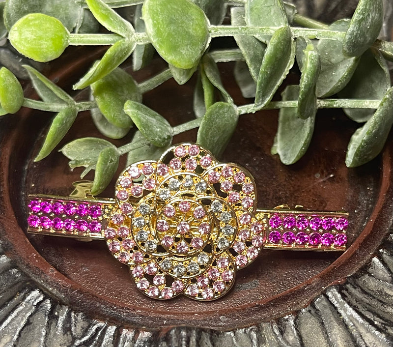 Flower hair barrette 3.0” inch gold toned with hot pink rhinestones hair accessory