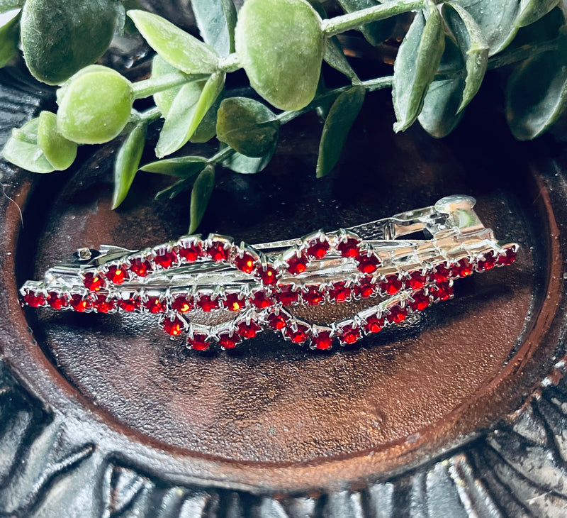 Hair barrette 2.75’’ silver toned with white red crystal rhinestones hair accessory