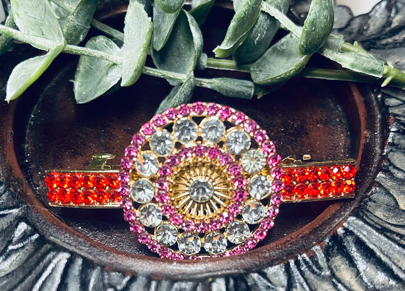 Round flower hair barrette 3.0” inch gold toned with red & pink rhinestones hair accessory