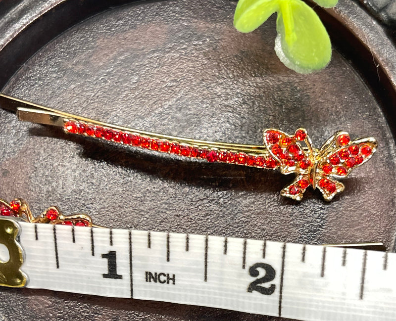 Ruby Red Crystal rhinestone butterfly silver tone hair pins 2 pc set bridal Wedding shower prom sweet 16 birthday hair accessories