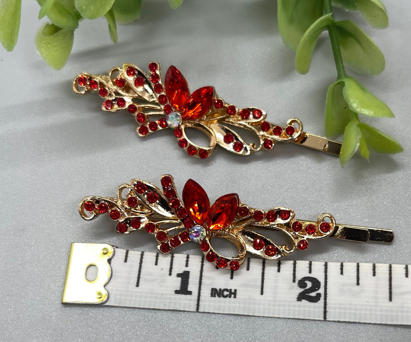 Red Crystal rhinestone hair pins 2 pc set bridal Wedding shower prom sweet 16 birthday hair accessories