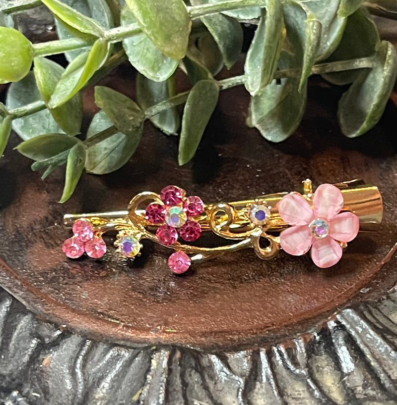 Flower alligator salon clip 2.5’’ gold toned with pink crystal rhinestones hair accessory