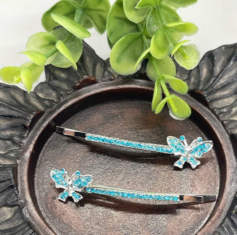 Teal blue Crystal rhinestone butterfly silver tone hair pins 2 pc set bridal Wedding shower prom sweet 16 birthday hair accessories