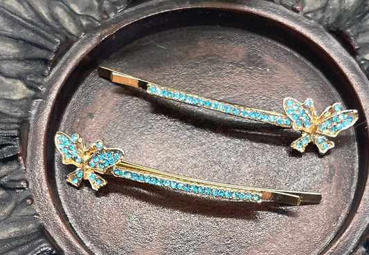 Teal Crystal rhinestone butterfly gold tone hair pins 2 pc set bridal Wedding shower prom sweet 16 birthday hair accessories