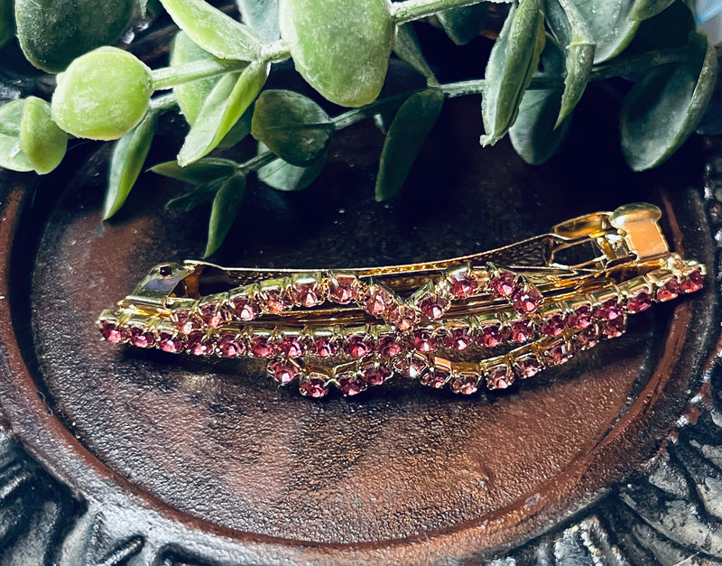 Hair barrette 3.0’’ gold toned with pink crystal rhinestones hair accessory