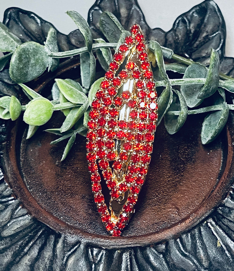 Ruby Red Crystal rhinestone barrette approximately 3.0” gold tone formal hair accessories gift wedding bridesmaid Prom birthday gifts