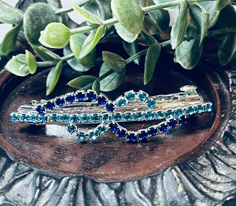 Hair barrette 2.75’’ silver toned with white dark blue & teal blue crystal rhinestones hair accessory