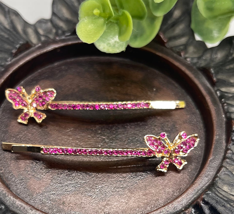 Pink Crystal rhinestone butterfly gold tone hair pins 2 pc set bridal Wedding shower prom sweet 16 birthday hair accessories