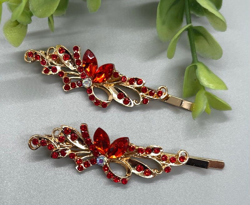 Red Crystal rhinestone hair pins 2 pc set bridal Wedding shower prom sweet 16 birthday hair accessories