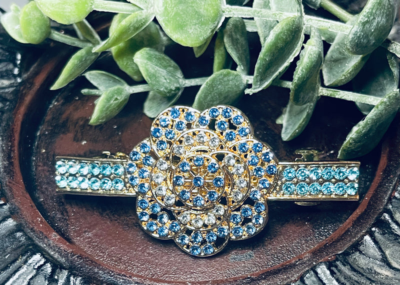 Flower hair barrette 3.0” inch gold toned with teal blue rhinestones hair accessory