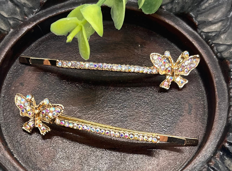 Iridescent Crystal rhinestone butterfly silver tone hair pins 2 pc set bridal Wedding shower prom sweet 16 birthday hair accessories