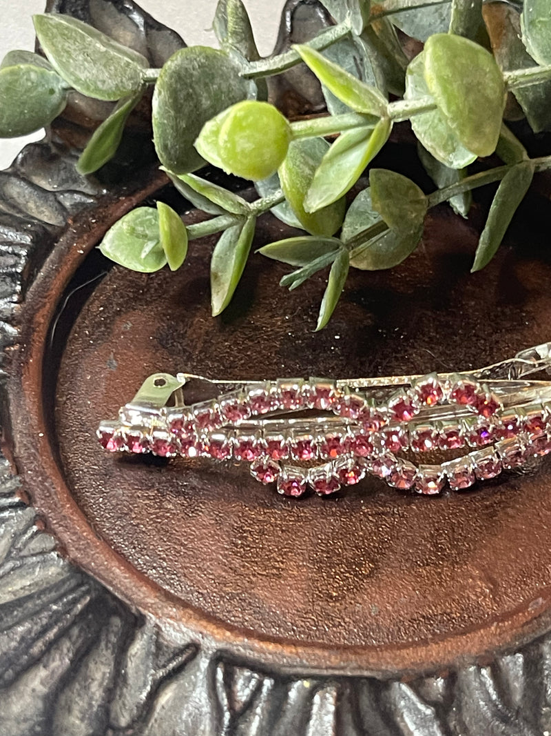 Hair barrette 3.0’’ silver toned with pink crystal rhinestones hair accessory