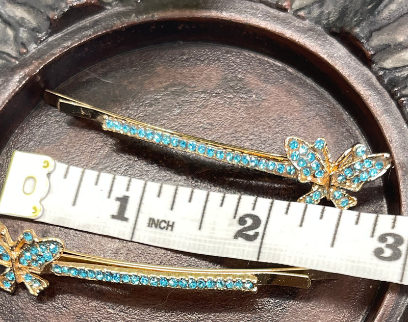 Teal Crystal rhinestone butterfly gold tone hair pins 2 pc set bridal Wedding shower prom sweet 16 birthday hair accessories