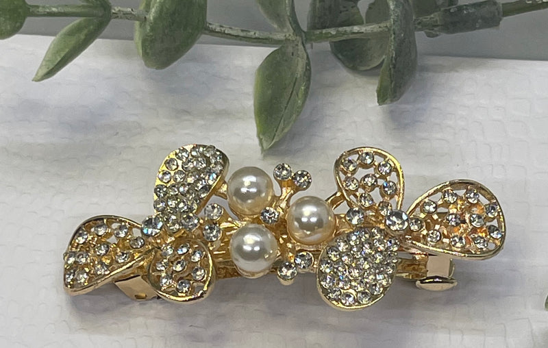 Pearl Crystal rhinestone barrette approximately 3.0” gold tone formal hair accessories gift wedding bridesmaid