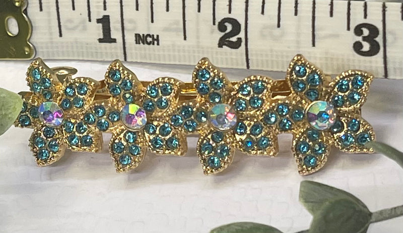 Teal Crystal rhinestone flower star barrette approximately 3.0” gold  tone formal hair accessories gift wedding bridesmaid