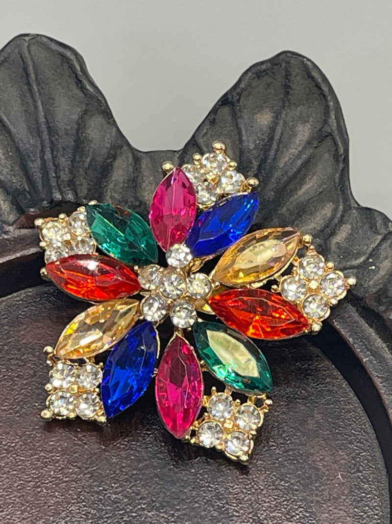 Luxe’s Rainbow Crystal Star flower Brooch Rhinestone silver gold tone woman with rhinestone gift scarf accessory