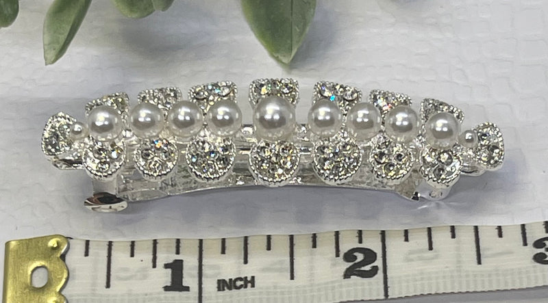 Pearl Crystal rhinestone barrette approximately 3.0” silver tone formal hair accessories gift wedding bridesmaid