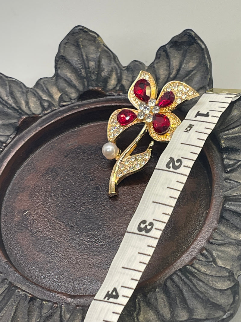 Luxe’s Red Crystal Brooch Rhinestone flower gold  tone woman with rhinestone gift scarf accessory