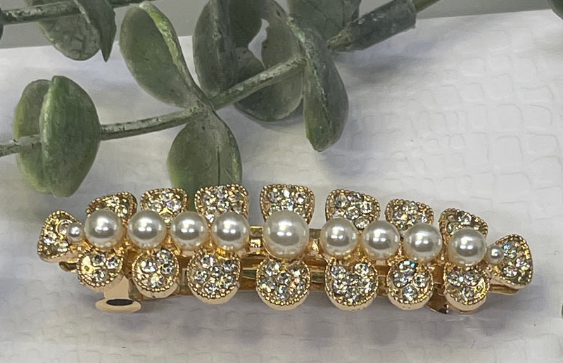 Pearl Crystal rhinestone barrette approximately 3.0” gold tone formal hair accessories gift wedding bridesmaid