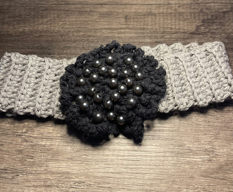 Handmade cream gray black Beaded headband 100% cotton girls headband gift flowers 18” strechable soft gentle headband