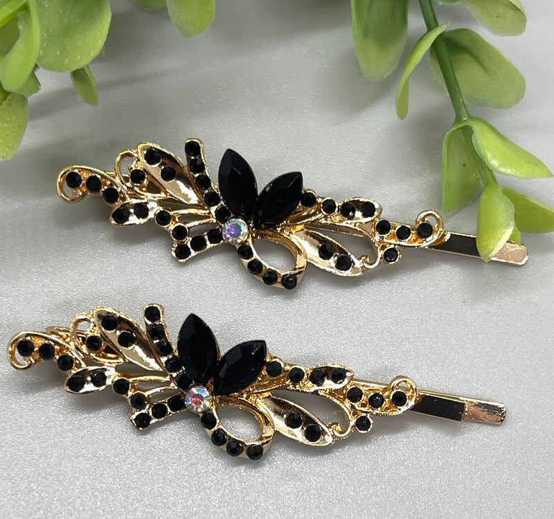 black crystal rhinestone Rose Gold approximately 2.75 hair pins 2 pc set wedding bridal shower engagement formal princess accessory birthday prom