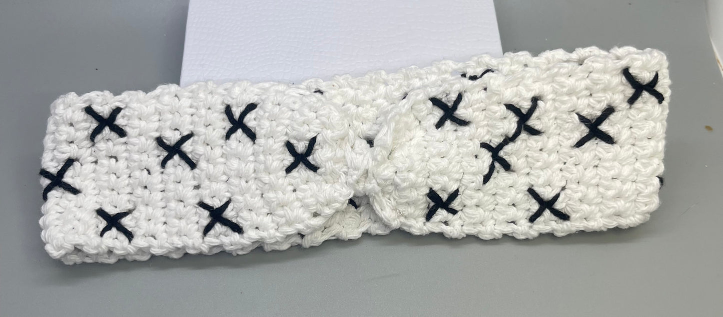 Handmade crochet white black embroidered bow headband 100% cotton girls headband gift soft gentle headband 18” stretchable cotton
