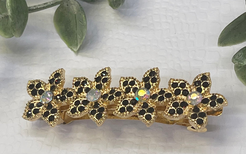 Black Crystal rhinestone flower star barrette approximately 3.0” gold  tone formal hair accessories gift wedding bridesmaid