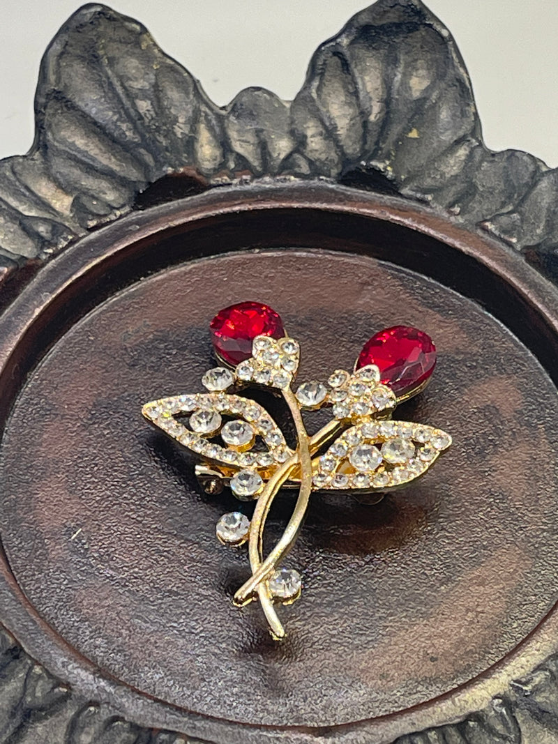 Luxe’s Red roses Crystal Brooch Rhinestone flower gold  tone woman with rhinestone gift scarf accessory