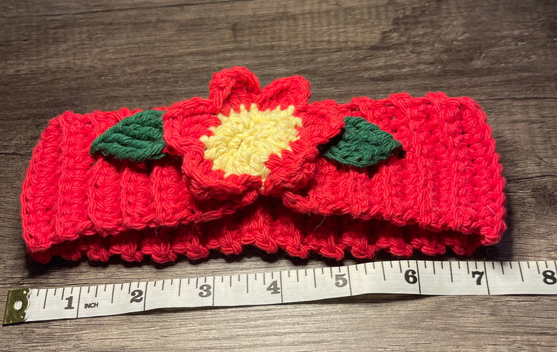 Handmade crochet red yellow green flower headband 100% cotton girls headband gift soft gentle headband 18” stretchable cotton