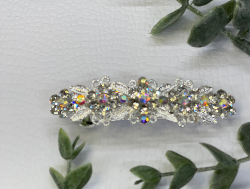 iridecent Crystal rhinestone barrette approximately 3.0” silver tone formal hair accessories gift wedding bridesmaid