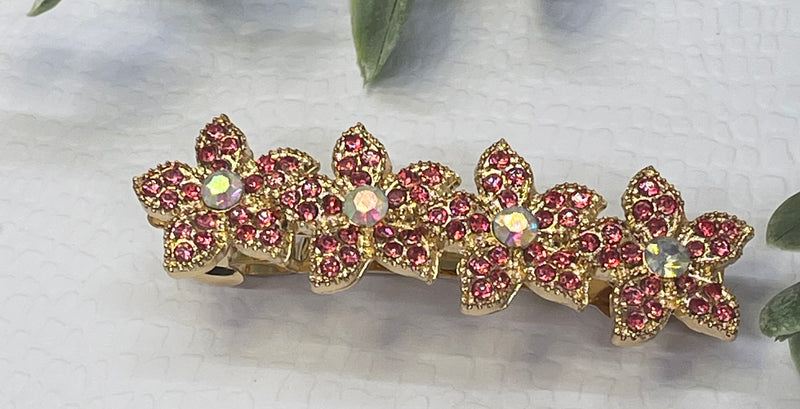 Pink Crystal rhinestone flower star barrette approximately 3.0” gold  tone formal hair accessories gift wedding bridesmaid