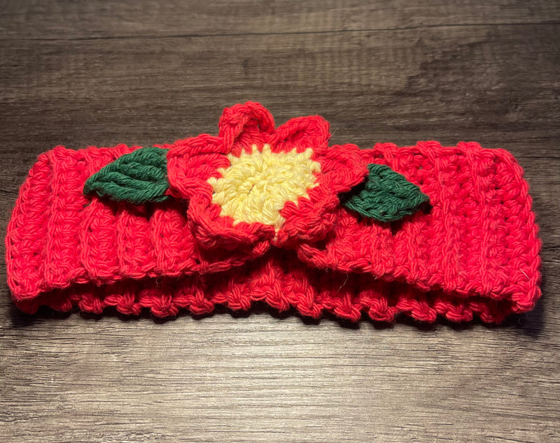 Handmade crochet red yellow green flower headband 100% cotton girls headband gift soft gentle headband 18” stretchable cotton